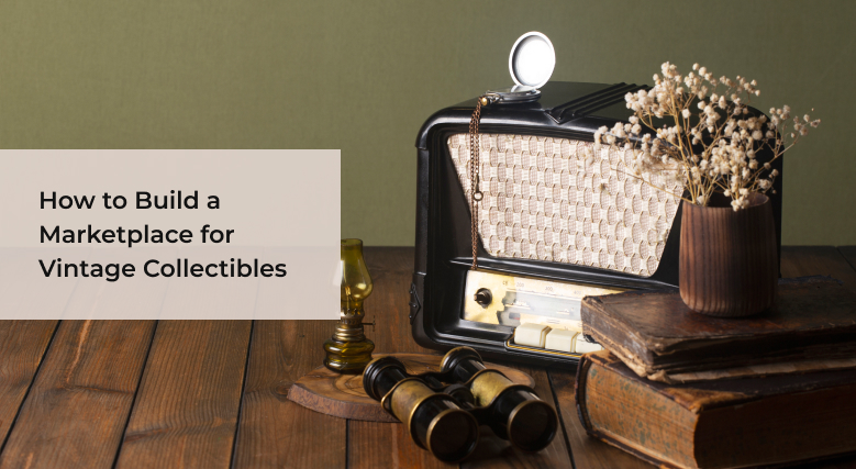 Vintage collectibles marketplace website layout showing antique items listed for sale
