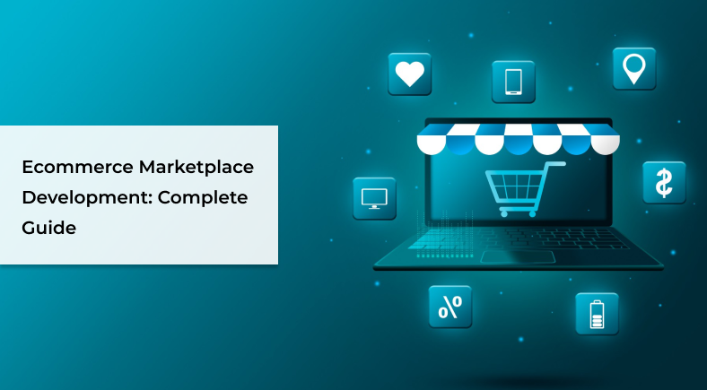 Modern ecommerce marketplace concept with shopping icons and digital storefront.